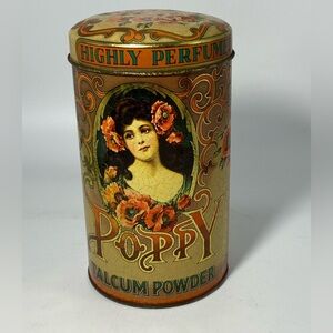 Poppy Victorian Style Vintage Talcom Powder Collectible Tin England 6” tall 3”w